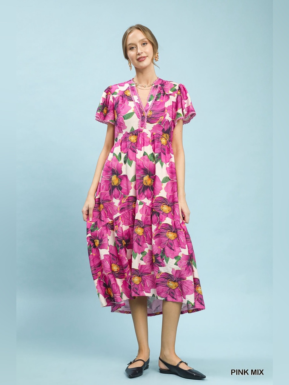 Umgee Tropical Floral V-Neck Flutter Sleeve Tiered Midi Dress - Picture 5 of 7